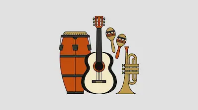 Flat illustration of a conga drum, acoustic guitar, maracas, and a trumpet on a light gray background