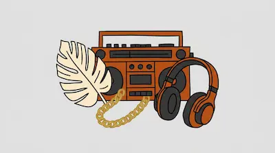 Flat illustration of an orange boombox, headphones, a gold chain, and a palm leaf against a light gray background
