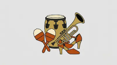 Flat illustration of a conga drum, a trumpet, maracas, and orange dance shoes on a light gray background