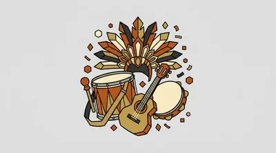 A feathered carnival headdress above a bass drum with a strap and mallet, a small four-string guitar, and a tambourine.