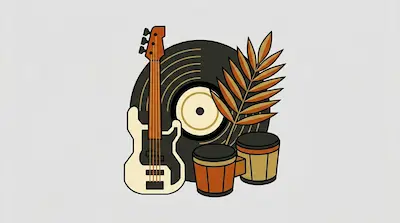 Flat illustration of a white electric bass guitar, a vinyl record, and bongo drums with a palm leaf on a gray background