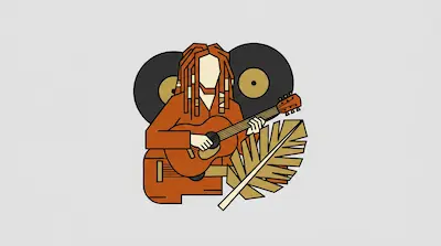 Flat illustration of a person with dreadlocks playing a guitar, with vinyl records and a palm leaf in the background