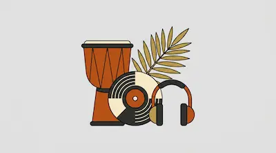 Flat illustration of a djembe drum, a vinyl record, headphones, and a palm leaf in earth tones on a gray background