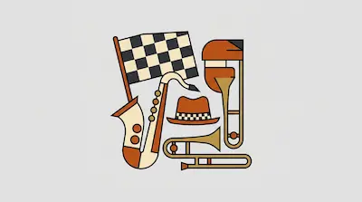 Flat illustration of a saxophone, a checkered flag, and a fedora hat in a minimalist graphic style on a gray background
