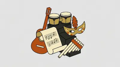 Flat illustration of a guitar, bongo drums, a pan flute, and a carnival mask with sheet music on a gray background
