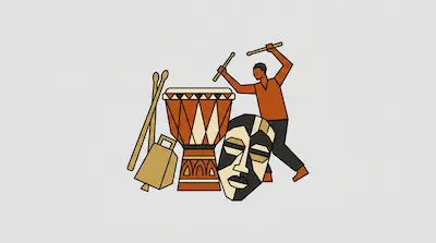Flat illustration of a man playing a djembe drum next to a traditional mask and percussion sticks on a gray background