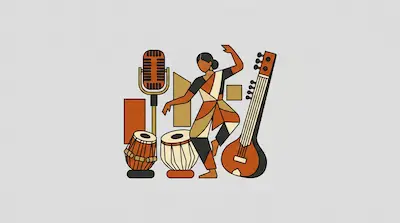 Flat illustration of a woman dancing in a sari surrounded by a sitar, tabla drums, and a vintage microphone.