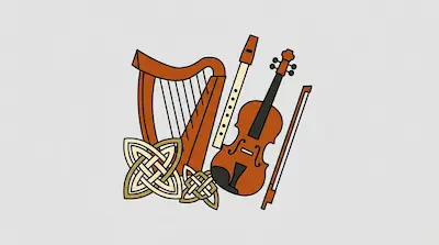Flat illustration of a wooden harp, a violin with a bow, and a flute next to Celtic knots on a gray background