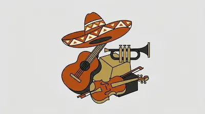 Flat illustration of a brown sombrero, a guitar, a trumpet, and a violin grouped together on a light gray background