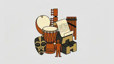 Flat illustration of a djembe drum, a wooden mask, and a small human figure on a neutral gray background