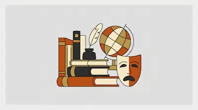 Flat illustration of a stack of books, a globe, a quill pen, and a tragedy theater mask on a gray background