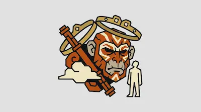 Flat illustration of a monkey head with orange markings, two golden crowns, and a small human silhouette on a gray background