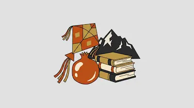 Flat illustration of a patterned kite, a stack of books, and a pomegranate against a mountain silhouette