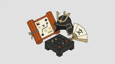 Flat illustration of a samurai helmet, a strategy scroll, a folding fan, and a game board on a gray background