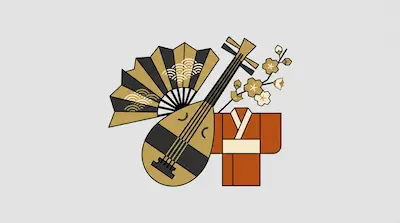 Flat illustration of a Japanese biwa lute, a folding fan, and a kimono on a light gray background