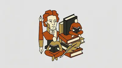 Flat illustration of a pensive man with a stack of books, two small reading figures, and a quill pen on a gray background