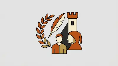 Flat illustration of a laurel branch, a quill pen, a castle tower, and two human figures in orange and tan tones