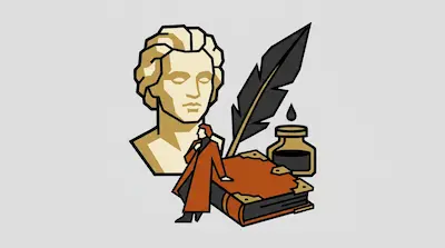 Flat illustration of a classical bust, a large quill pen with an inkwell, and a small figure leaning on a thick book