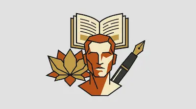 Flat illustration of a geometric human bust surrounded by an open book, a fountain pen, and a stylized leaf.