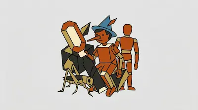 Flat illustration of a wooden puppet with a long nose, a blue hat, and a large cricket on a plain white background