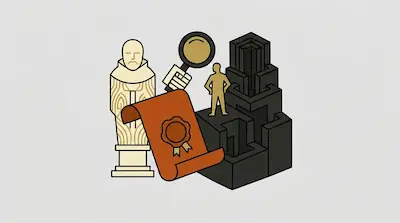 Flat illustration of a bust, a magnifying glass, a sealed scroll, and a human figure standing on geometric blocks