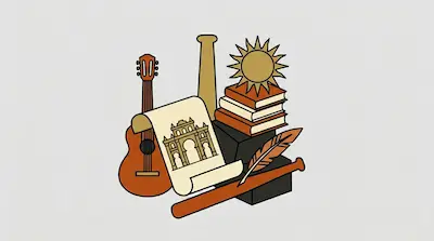Flat illustration of a guitar, a stack of books, a sun icon, and a scroll with a building on a gray background