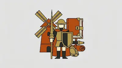 Flat illustration of a knight with a lance and shield standing before a windmill and a large book on a gray background