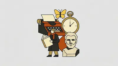 Flat illustration of a typewriter, a pocket watch, a butterfly, and a man reading a book next to a stone bust.