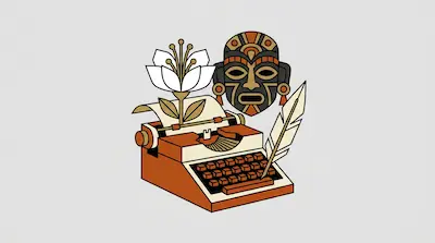 Flat illustration of an orange typewriter, a white flower, a quill, and a tribal mask on a light gray background