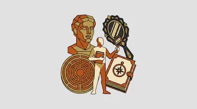 Flat illustration of a mannequin holding a book and mirror, surrounded by a bust, a labyrinth, and a compass book