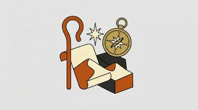 Flat illustration of a shepherd's crook, a gold compass, and a star symbol on a light gray background
