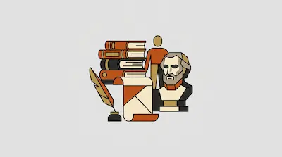 Flat illustration of a stack of books, a philosopher bust, a quill, and a human figure on a light gray background