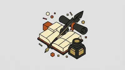 An open book with a feathered quill pen resting on it, a rolled scroll with a ribbon, and an inkwell beside it.