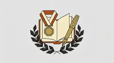 Flat illustration of an open book, a gold fountain pen, and a medal framed by a dark laurel wreath on a gray background