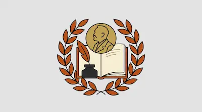 Flat illustration of an open book, a quill in an inkwell, and a gold medal framed by a laurel wreath