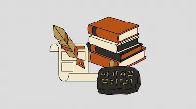 Flat illustration of a stack of books, a quill pen on a scroll, and a stone tablet with cuneiform on a grey background