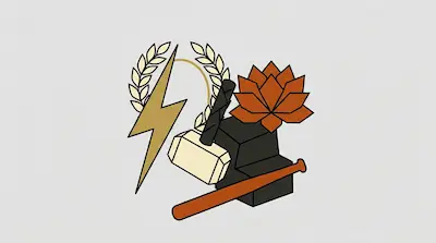 Flat illustration of a lightning bolt, a hammer, a baseball bat, and a lotus flower on a light grey background