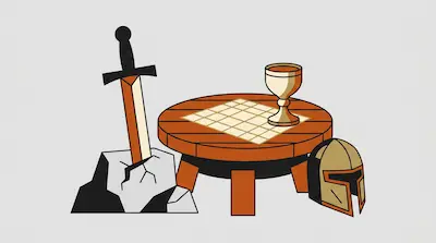 Flat illustration of a sword in a stone next to a round wooden table with a golden chalice and a knight helmet