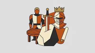 Flat illustration of a knight, a sword in a stone, and a crowned helmet in orange and cream tones on a gray background