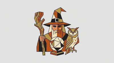 Geometric flat illustration of a wizard with a wooden staff, a crystal ball, and an owl on a light gray background