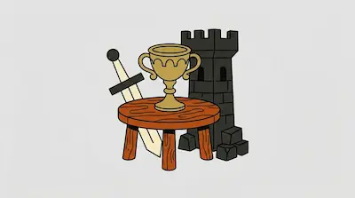 Flat illustration of a golden trophy on a wooden table with a sword and a stone castle tower in the background