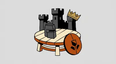 Flat illustration of a wooden round table with a knight helmet, a shield, and a dark castle with a crown behind it