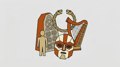 Flat illustration of a Celtic harp, a stone monolith with knotwork, and a geometric mask on a light gray background