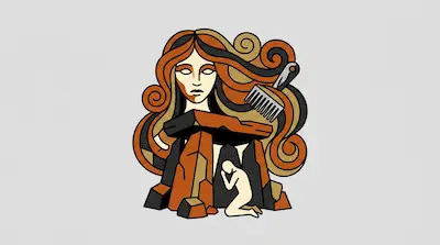 Flat illustration of a woman with swirling hair, a comb, and a small figure kneeling inside a stone dolmen structure