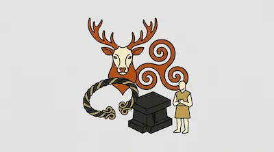 Flat illustration of a stag head, a triskelion symbol, a twisted metal torc, and a small human figure on a gray background