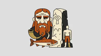 Flat illustration of a bearded man, a stone monolith with symbols, a fish, and a human figure on a gray background