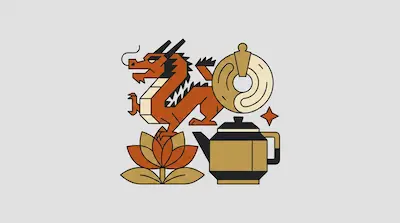 Flat illustration of an orange dragon, a lotus flower, and a teapot in a geometric style on a gray background