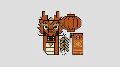 Flat illustration of a geometric dragon head, a red lantern, and firecrackers in a bold graphic style on a gray background