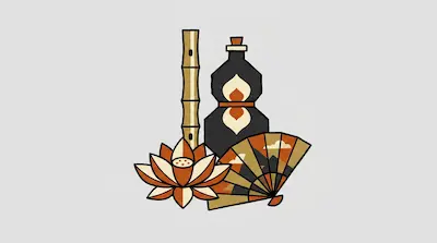 Flat illustration of a bamboo flute, a black gourd bottle, a lotus flower, and a folding fan on a gray background