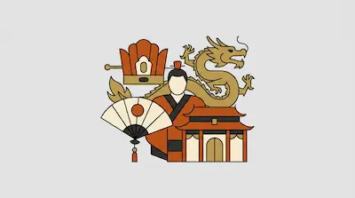 Flat illustration of a Chinese dragon, a man in traditional robes, a folding fan, and a temple on a gray background